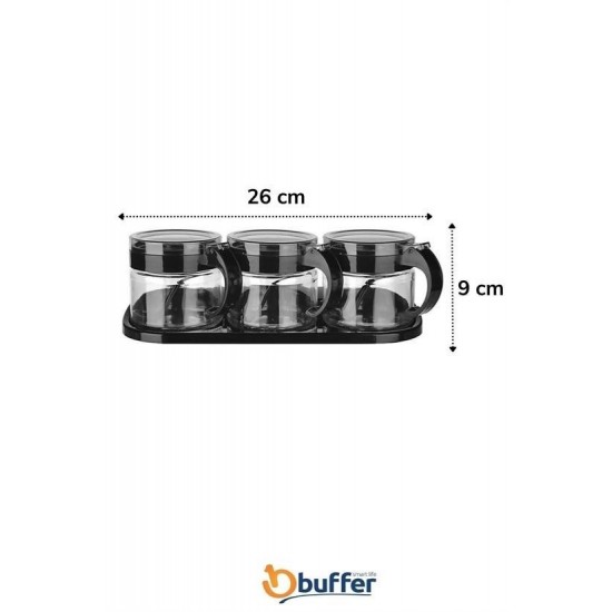 Robinanka® Siyah 3lü Standlı Kapaklı Kaşıklı Cam Hava Sızdırmaz Baharatlık Takımı KC-386