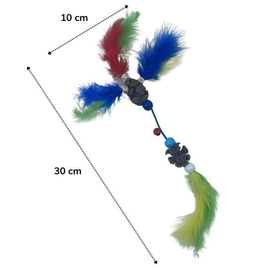 Robinanka® Tüylü Tahta Boncuklu Zilli Kedi Oyuncağı Çok Renkli Kedi Oyuncak