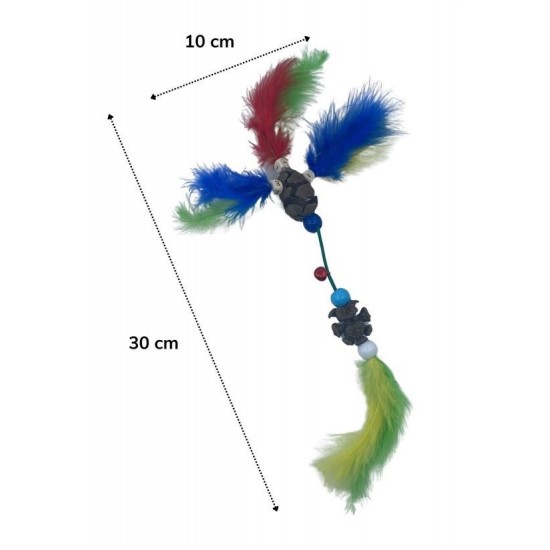 Robinanka® Tüylü Tahta Boncuklu Zilli Kedi Oyuncağı Çok Renkli Kedi Oyuncak