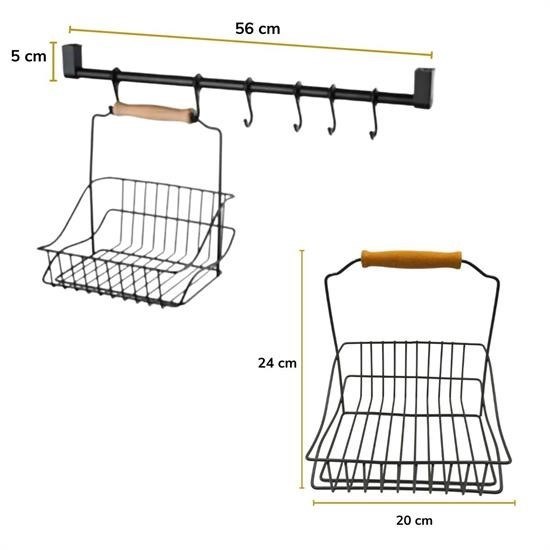 Robinanka® Retro Ferforje Askılı Siyah  Ahşap Kulplu Düzenleyici Mutfak Sepeti
